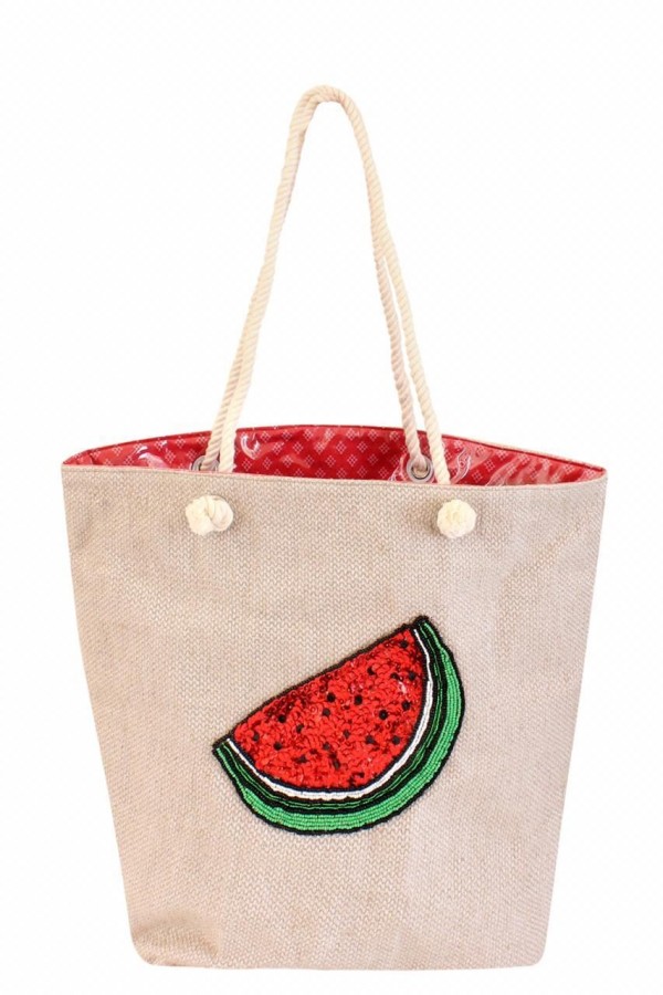 0001534 handmade watermelon in sequins on a linen beach bag l 38 w 43 cm