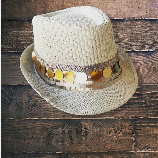 Off white fedora with gold sequins