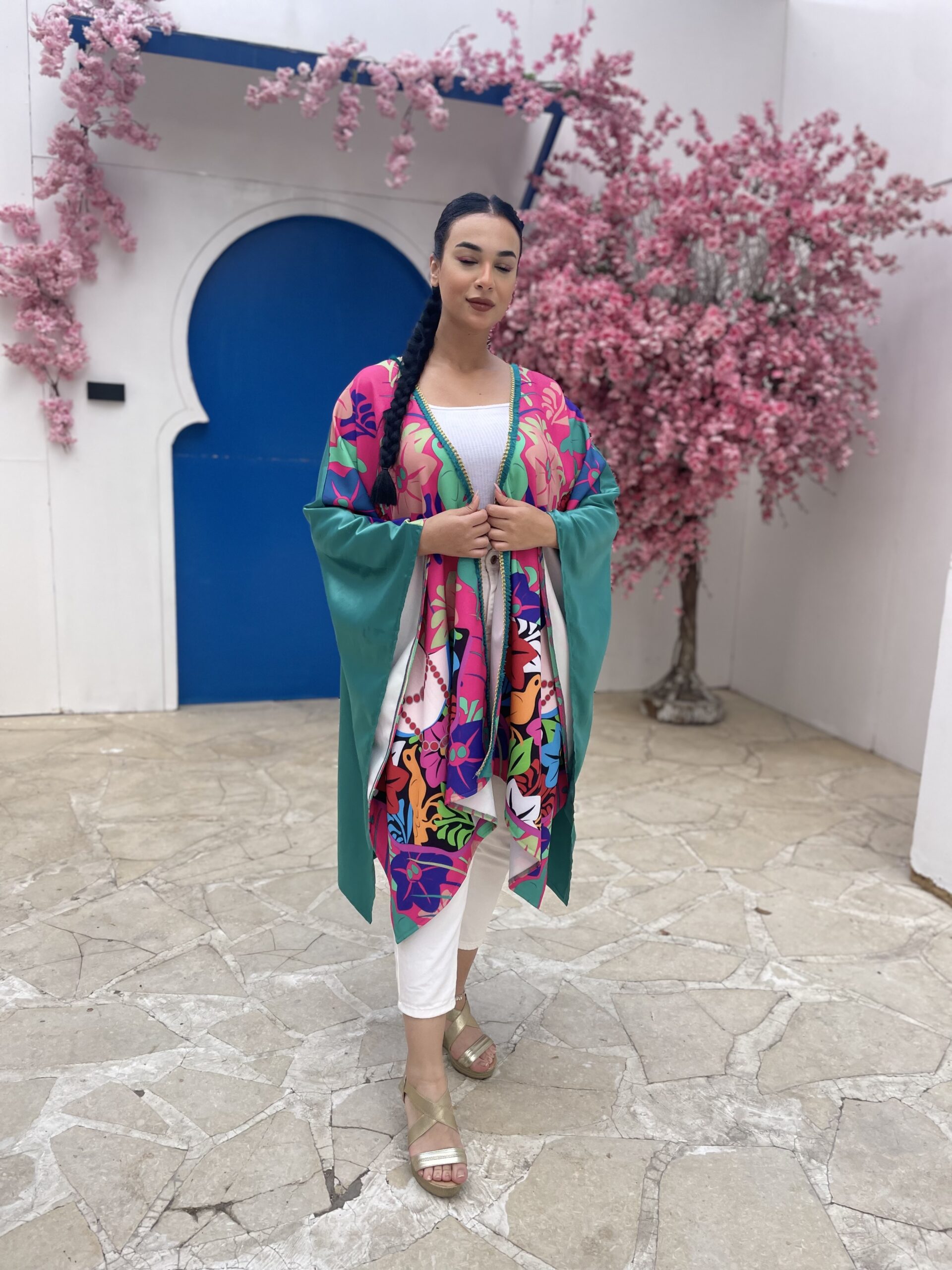 Accappatoio Kimono Lungo In Cotone Stampato A Mano - Turchese Frida Kahlo - Fatto In India