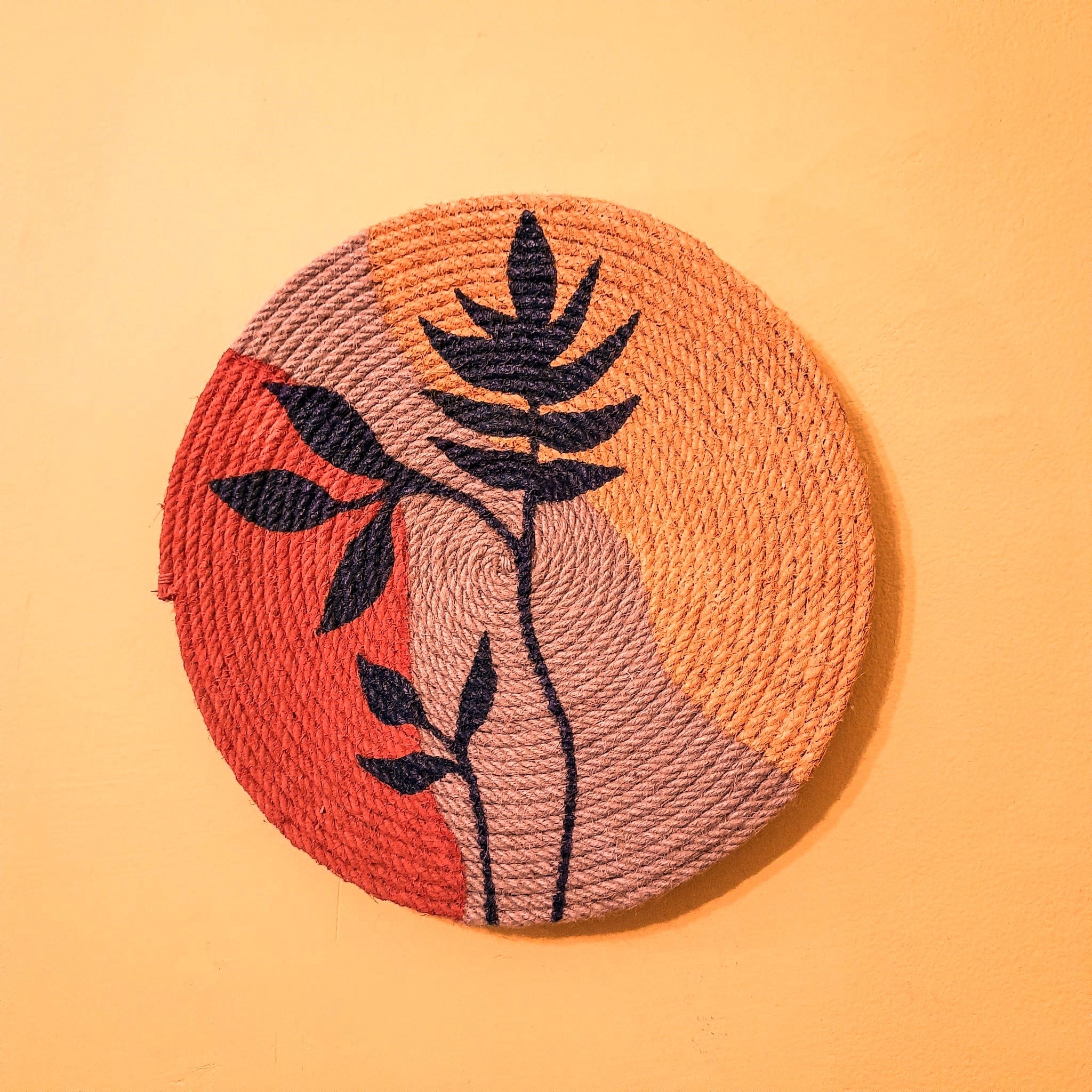 Hand painted jute plate wall hanging/ Golden rope wall decor, gift