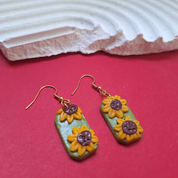 polymer clay dangly sunflower field earrings