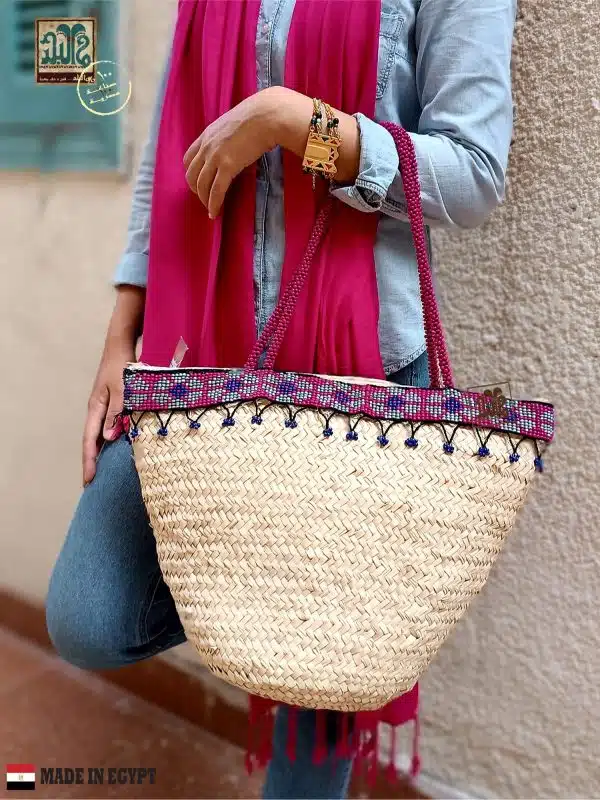 Handmade Straw bag with beads stripe