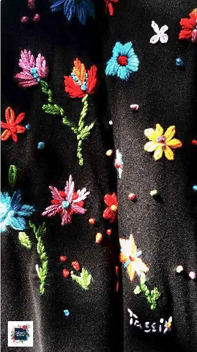 Bohemian Floral Black Wool Shawl 2 Colorful Blk Details