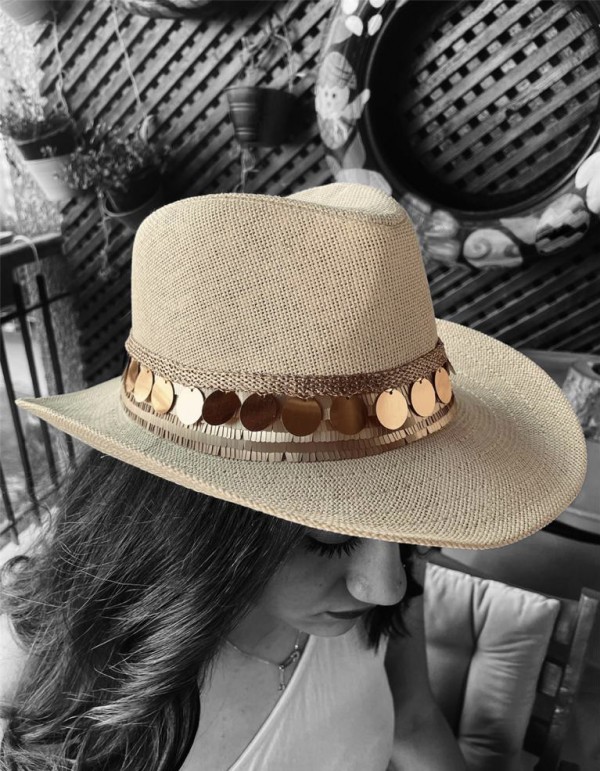 beige cowboy hat with golden sequins