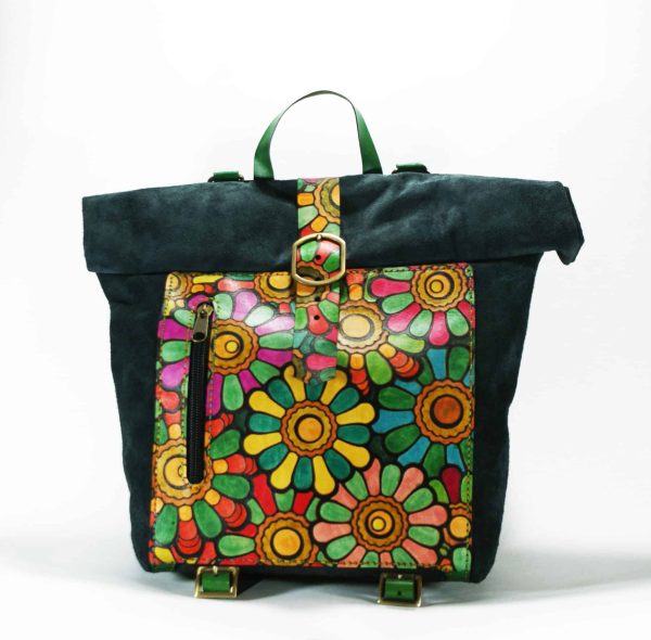 Hand-Painted Leather Rolltop Backpack, Colorful Suede Backpack, Leather Rucksack, Leather Bag