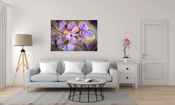 staged golden purple flowers acrylic painting