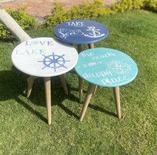 Wooden set of round tables for summer