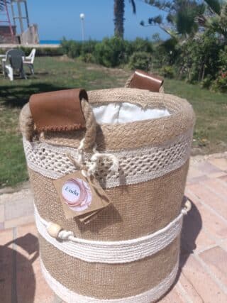 Jute & Burlap & macrame Storage basket with leather hands