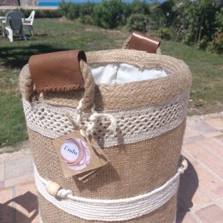 Jute & Burlap & macrame Storage basket with leather hands