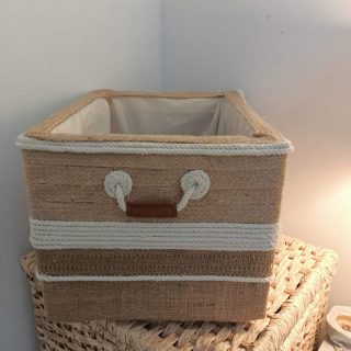 Jute, Burlap & Macrame Storage box wood base with leather hands