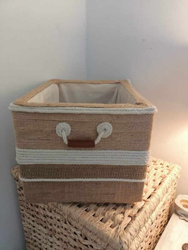 Jute, Burlap & Macrame Storage box wood base with leather hands