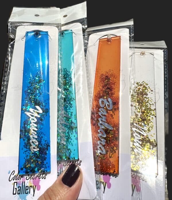 colorful transparent bookmarks with glitter and name