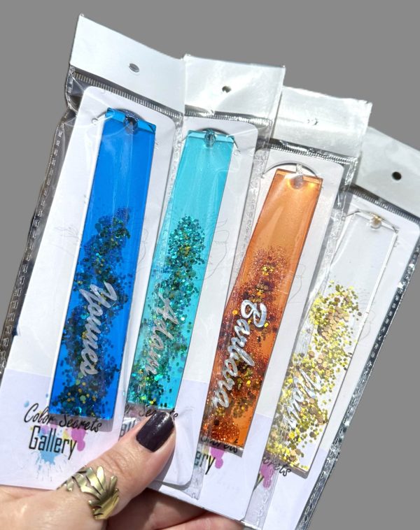 colorful transparent bookmarks with glitter and name