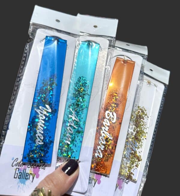 colorful transparent bookmarks with glitter and name