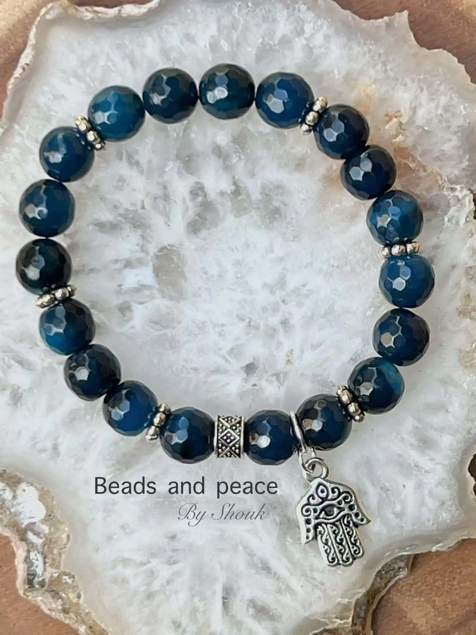 Blue Agate stretch bracelet with Fatima’s hand charm 1 Blue Agate stretch bracelet with Fatima’s hand charm