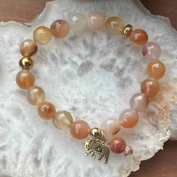 Agate stretch bracelet, 10mm beads, gold filled spacers, gold plated elephant charm