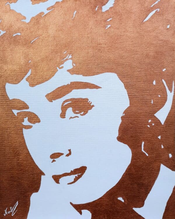 portrait of audrey hepburn as an acrylic painting in bronze and white