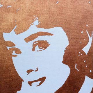 portrait of audrey hepburn as an acrylic painting in bronze and white