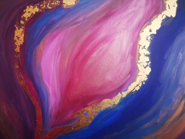 abstract painting in pink blue and gold