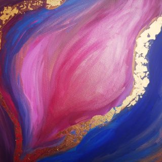 abstract painting in pink blue and gold