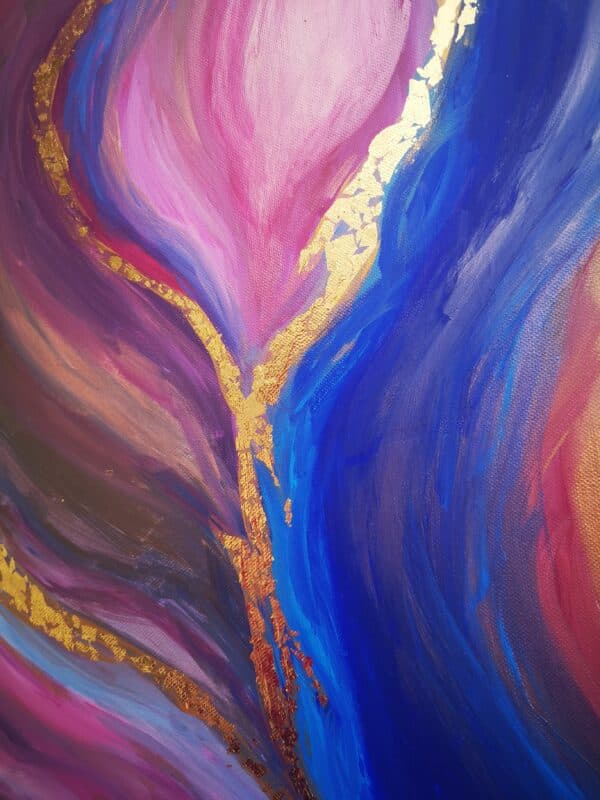 abstract painting in pink blue and gold