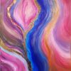 abstract painting in pink blue and gold