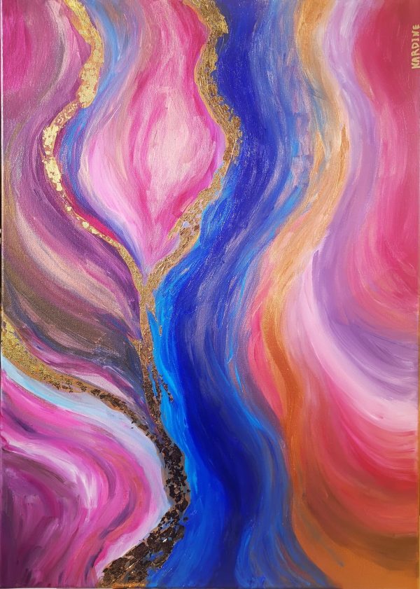 abstract painting in pink blue and gold