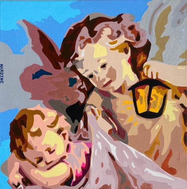 guardian angel and sleeping baby in pop art style