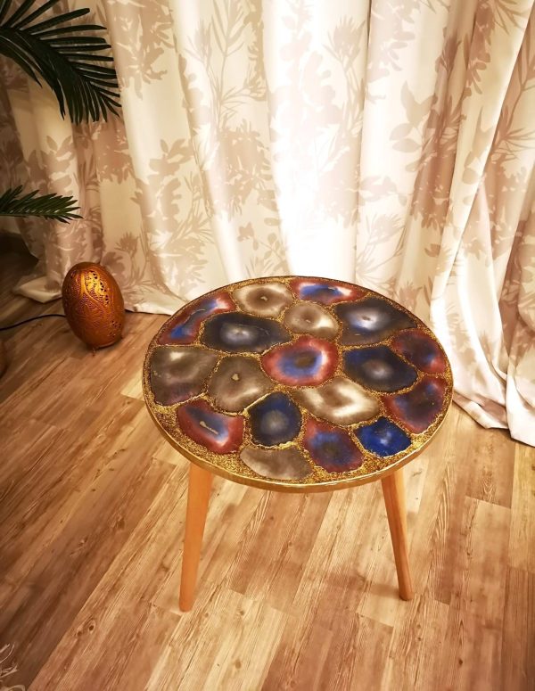 agate like epoxy top table with wooden legs