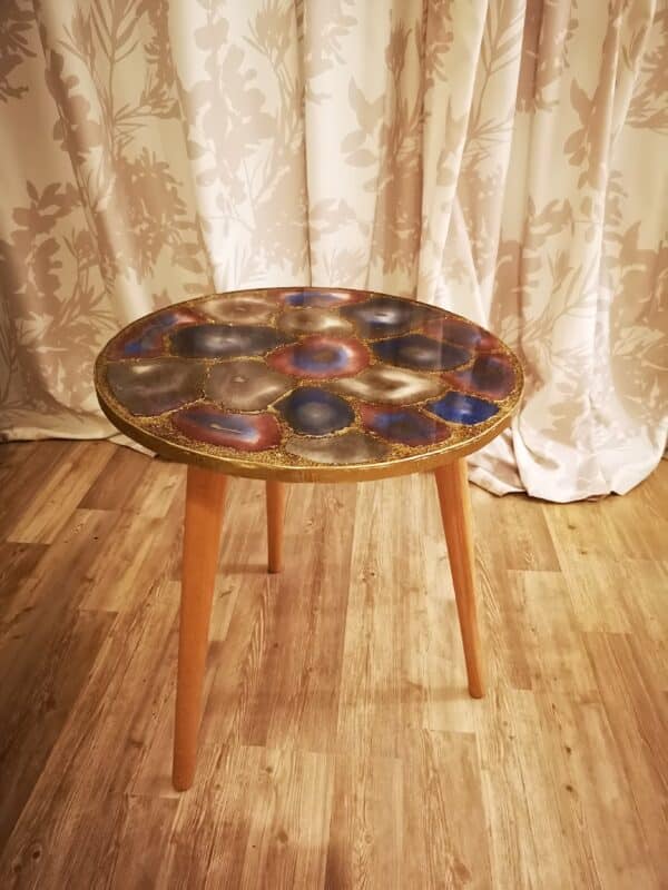agate like epoxy top table with wooden legs
