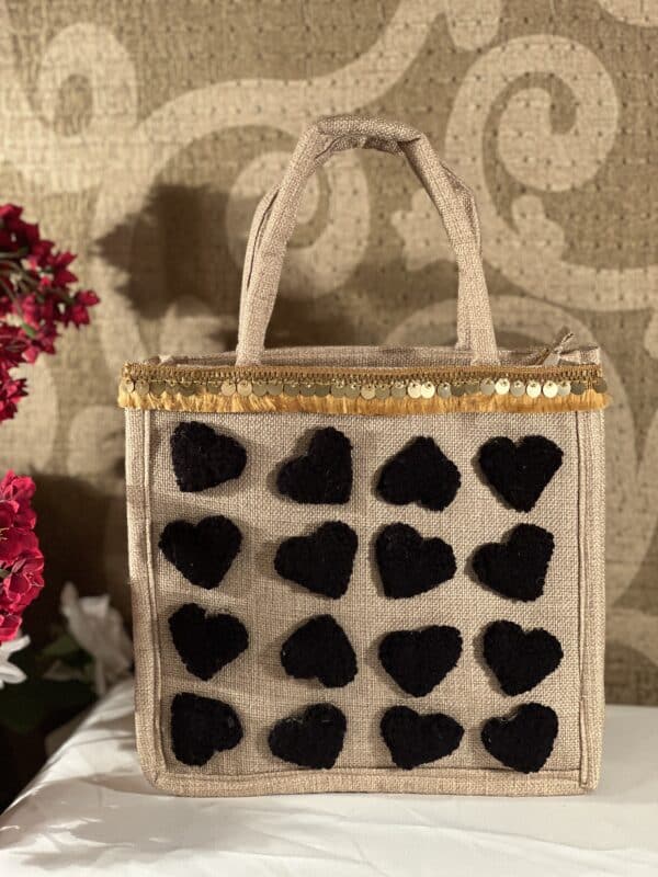 Black hearts jute bag