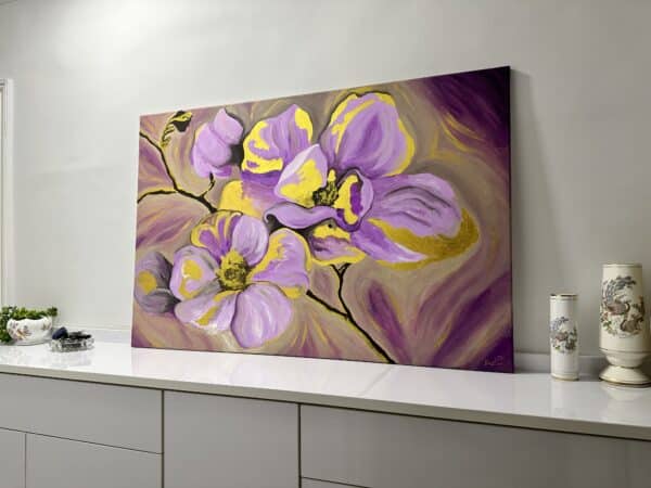golden purple flowers acrylic painting