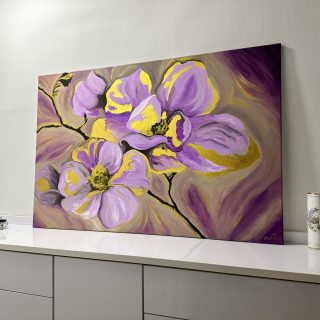 golden purple flowers acrylic painting