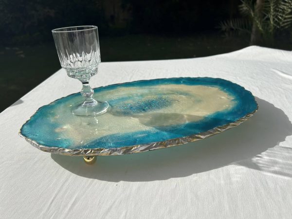 Blue Agate Tray with 4 Golden Stands