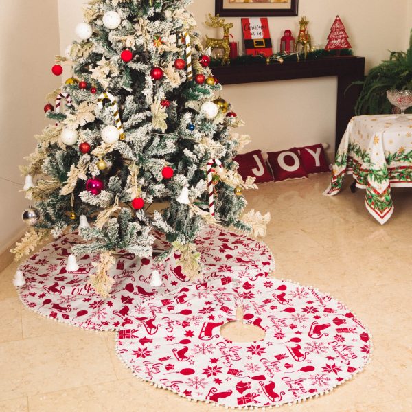 Tree Skirt merry christmas red velvet with Pom Pom 1m diameter