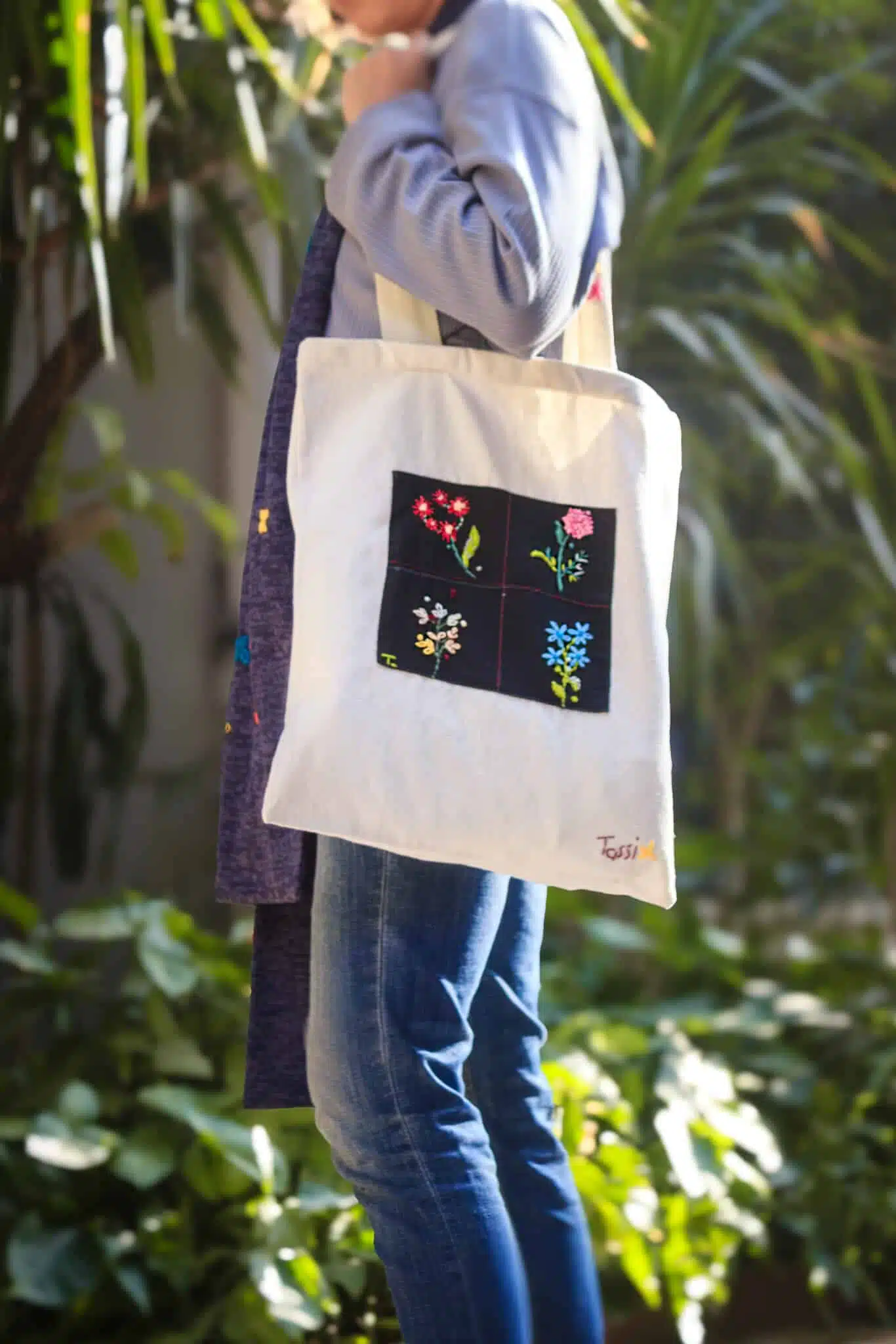 Four Flowers Black Patch Tote Bag 1 Four Flowers Black Patch Tote Bag