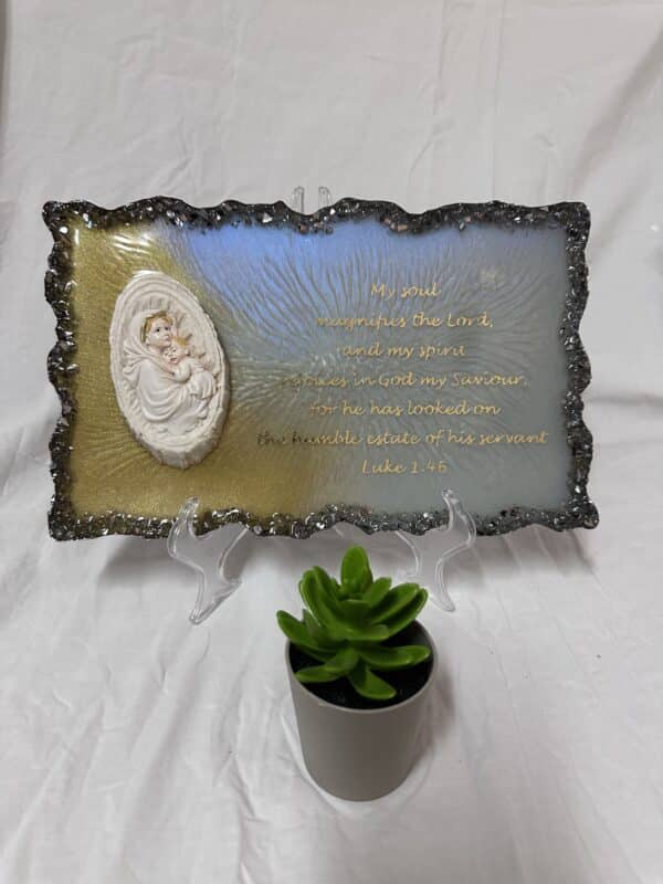 christian resin tableau with bible verse and st. mary statue