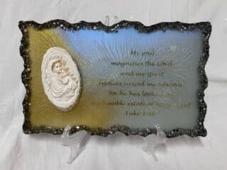 christian resin tableau with bible verse and st. mary statue
