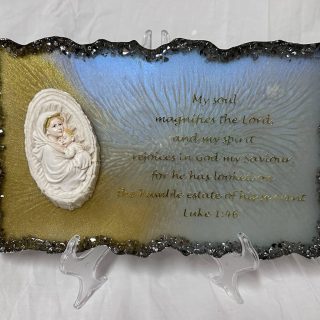 christian resin tableau with bible verse and st. mary statue