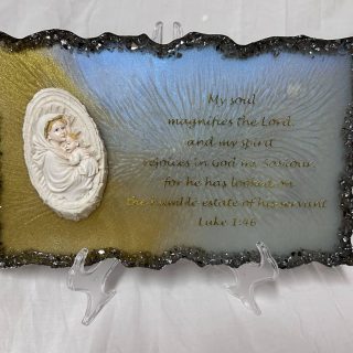 christian resin tableau with bible verse and st. mary statue