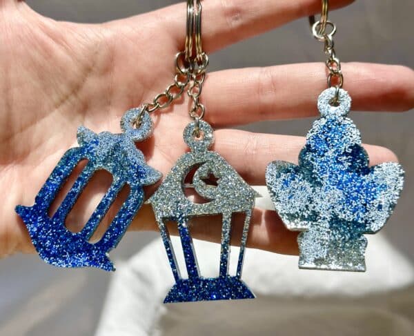key chain fanous ramadan in silver and dark blue glitter