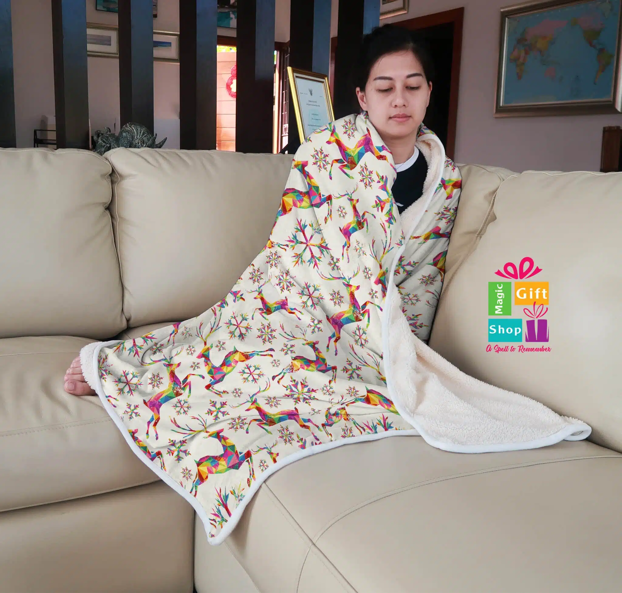 Colorful deer Christmas blanket 3 NormalBlanketMockup4 scaled