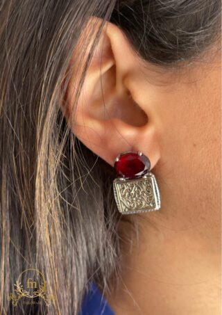 فالله خير حافظا Silver earrings with dark red stone