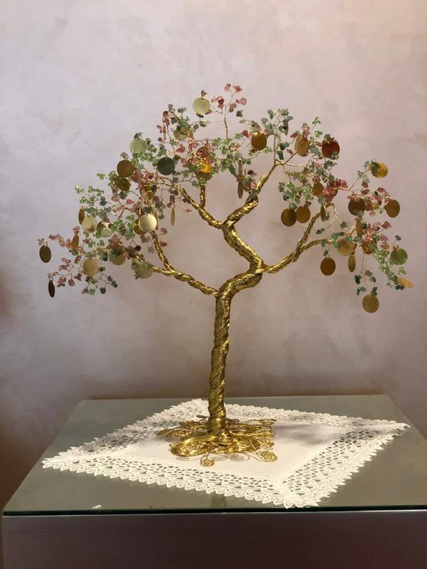 copper wire tree with cherry cuartz , green ston and goldcoin