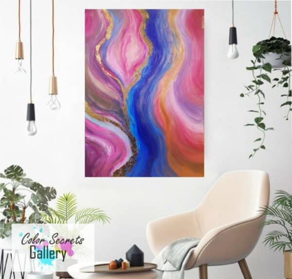 staged abstract painting in pink blue and gold