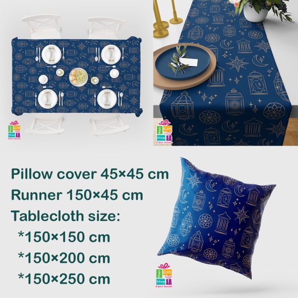 Navy with gold lantern pattern for Ramadan (runner-tablecloth-cushion)