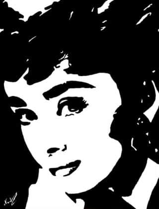 portrait of audrey hepburn as an acrylic painting in black and white