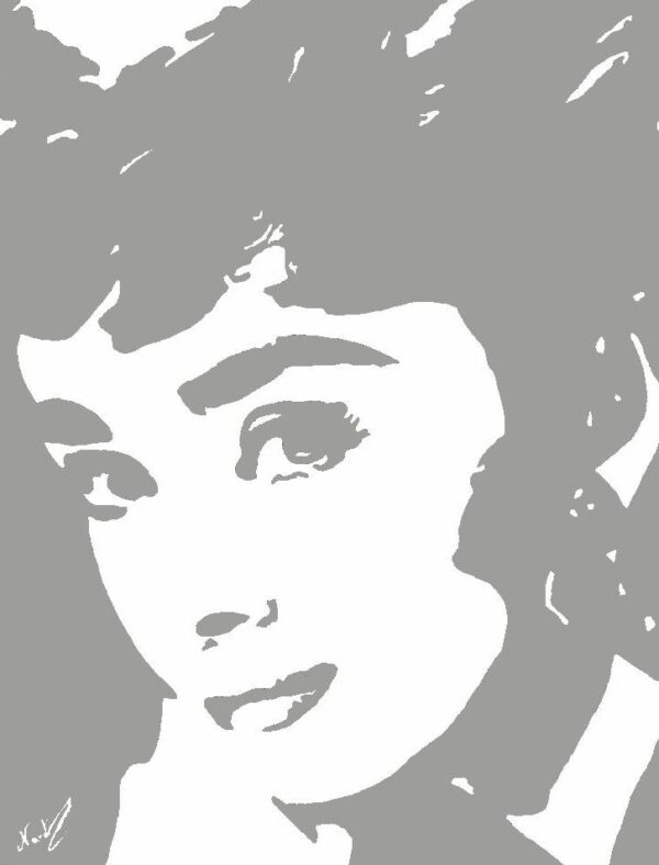 portrait of audrey hepburn as an acrylic painting in silver and white