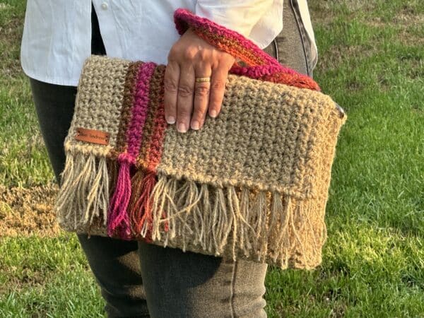 Colored burlap crochet clutch