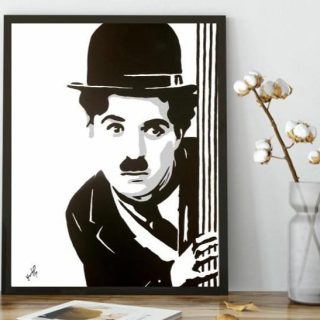 charly chaplin pop art painting in black and white staged